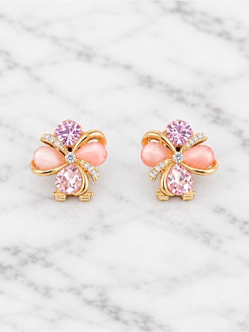 Pink and Clear Clover Shaped Stud Earrings - Gold Plated